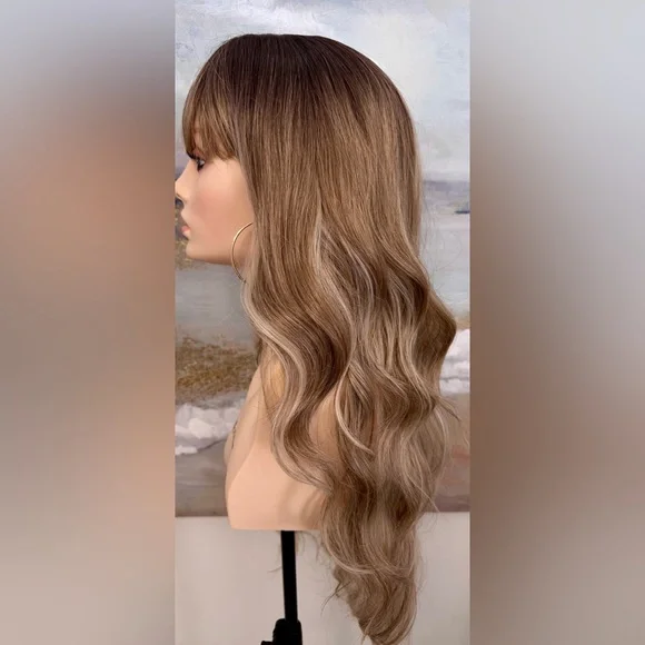 HAIR, 25” Long Wavy Layers, Center Part Bangs Ombre Med Brown/Blonde - Picture 2 of 16